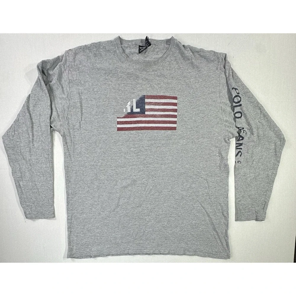 Polo Jeans Co Ralph Lauren Long Sleeve Flag Logo Shirt Gray USA Graphic Size L
